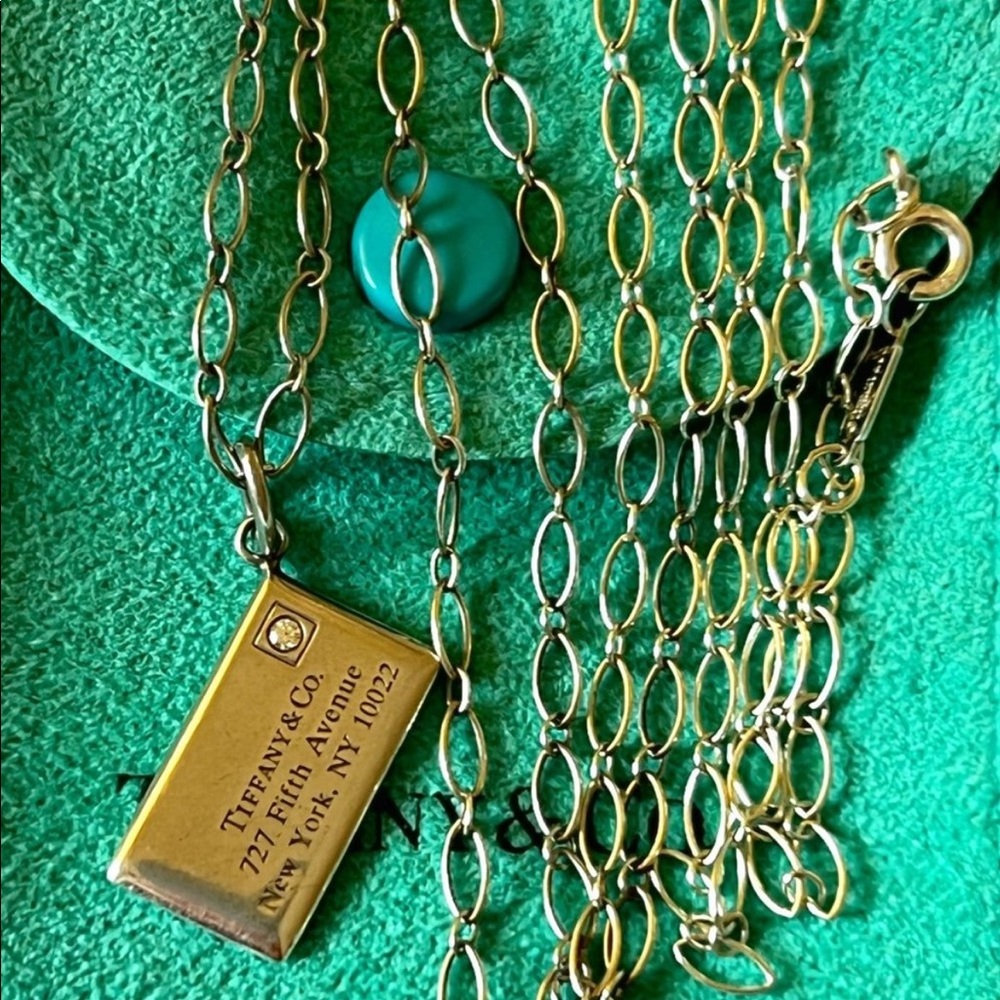 Tiffany & Co Silver Envelope Letter Diamond Charm Necklace 24 in chain